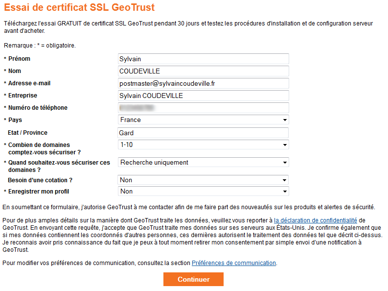 Geotrust commande certificat SSL gratuit