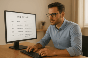 un expert IT qui configure des enregistrements DNS pour SPF